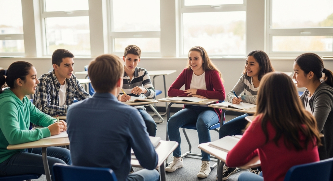Students sitting in a circle discussing Gimkit questions after playing
