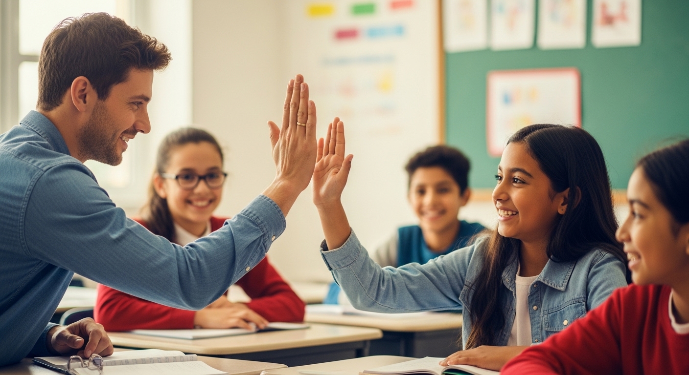 Teacher smiling and giving high-five to student after a Gimkit session, classroom environment