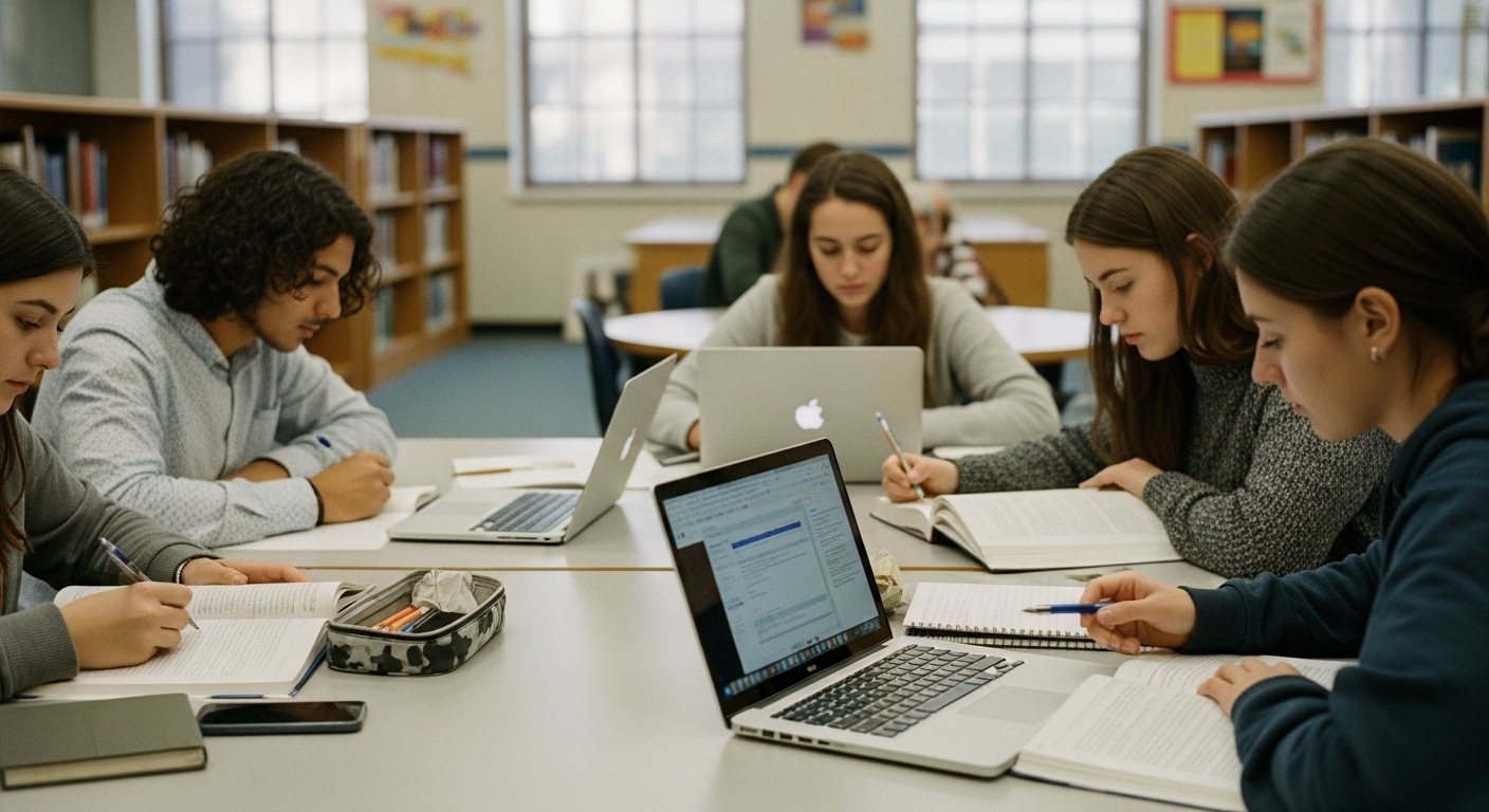 Focused students using laptops and books to research in a school library or study area, collaborating during a project-based learning session