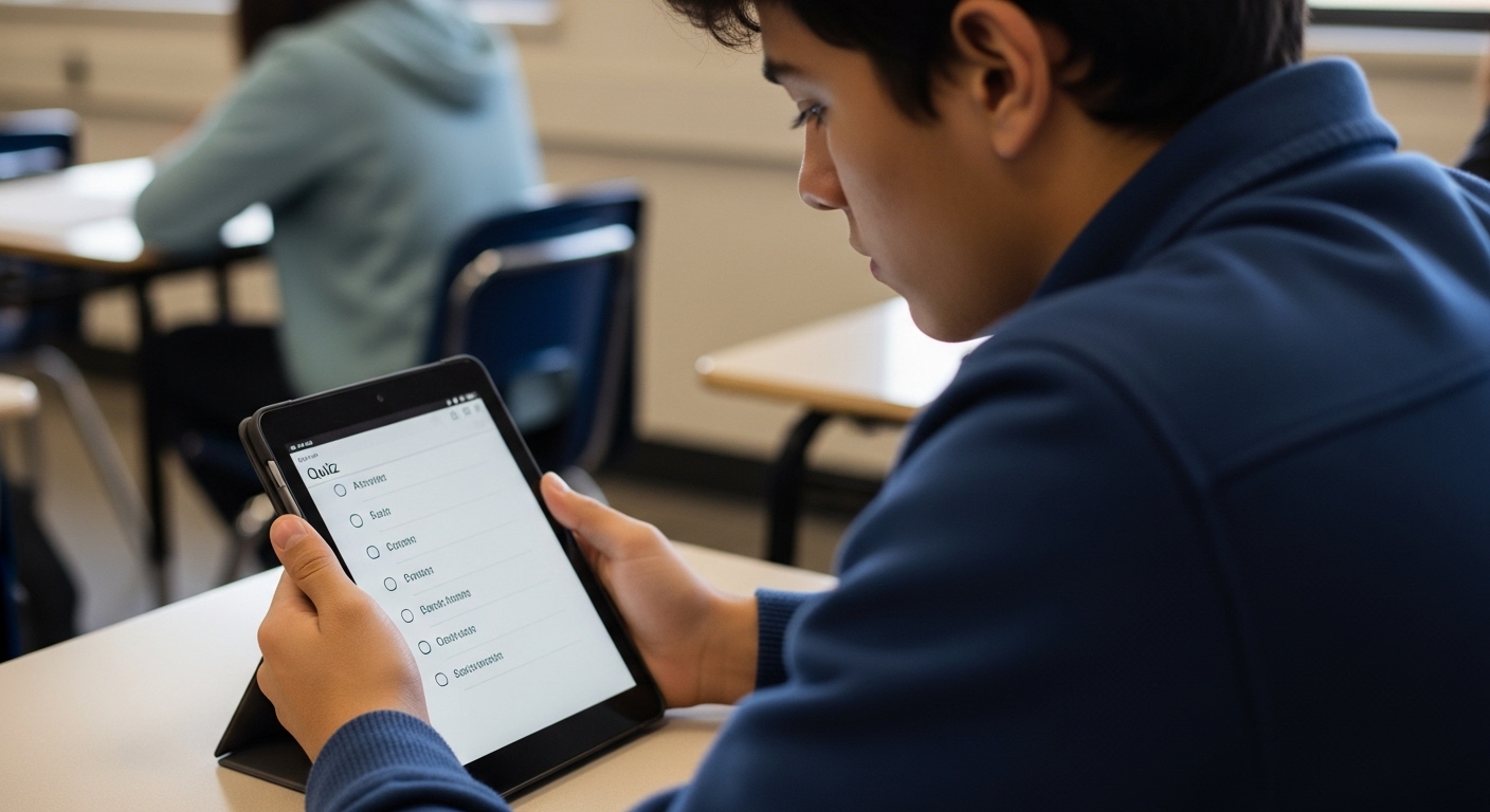 Focused student solving a challenging multiple-choice test on a digital device in a classroom setting