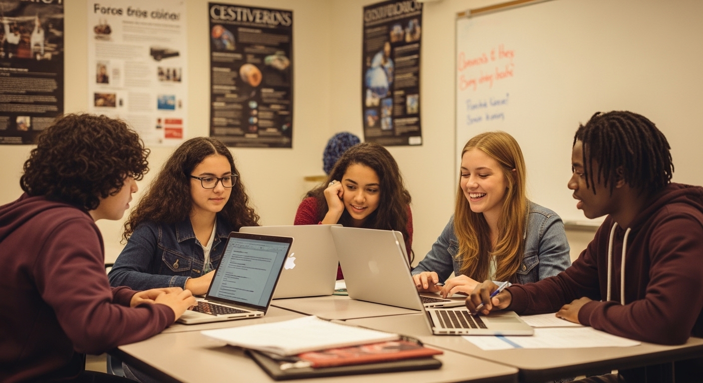 Group of students discussing and solving a science problem together using Gimkit's Team Mode.