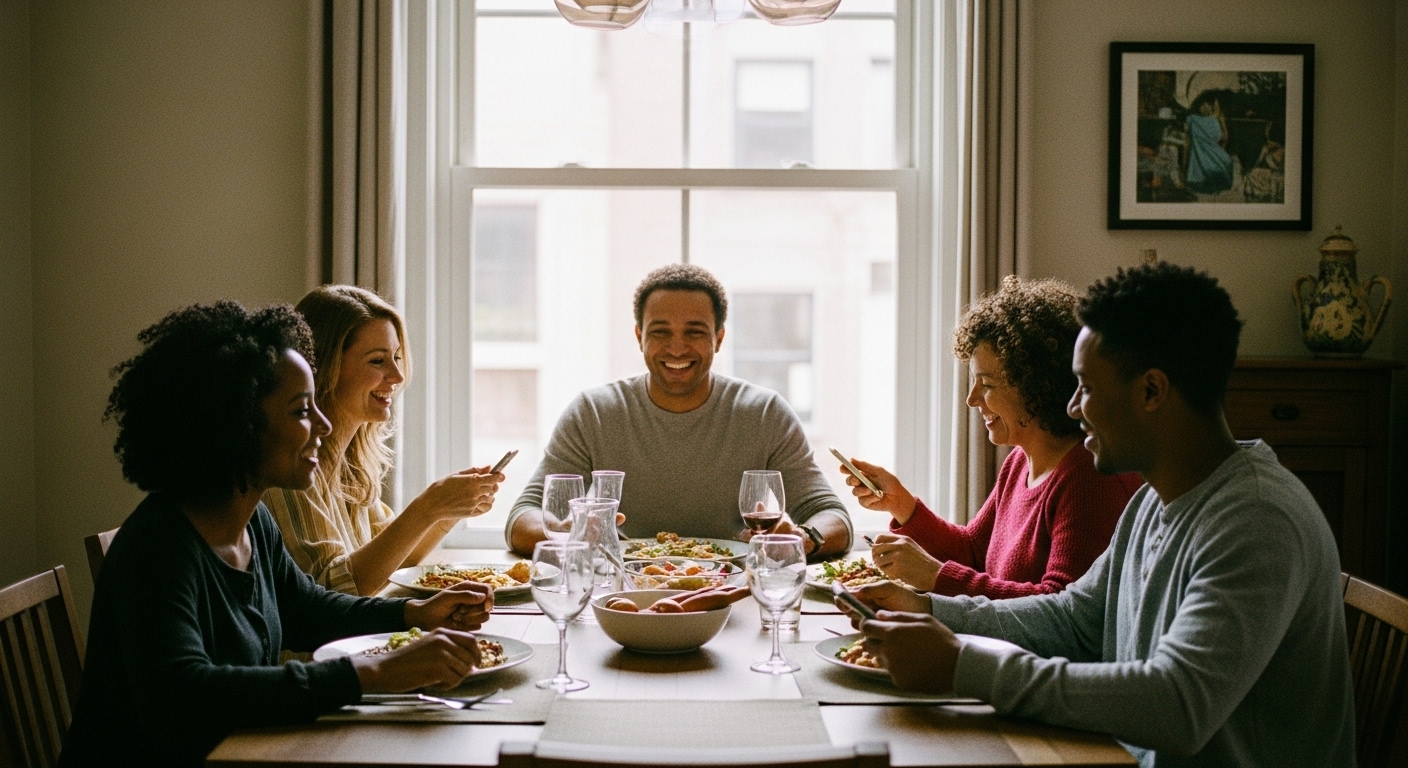 A family enjoying a relaxed, device-free dinner together, all phones set aside to promote balanced digital habits.