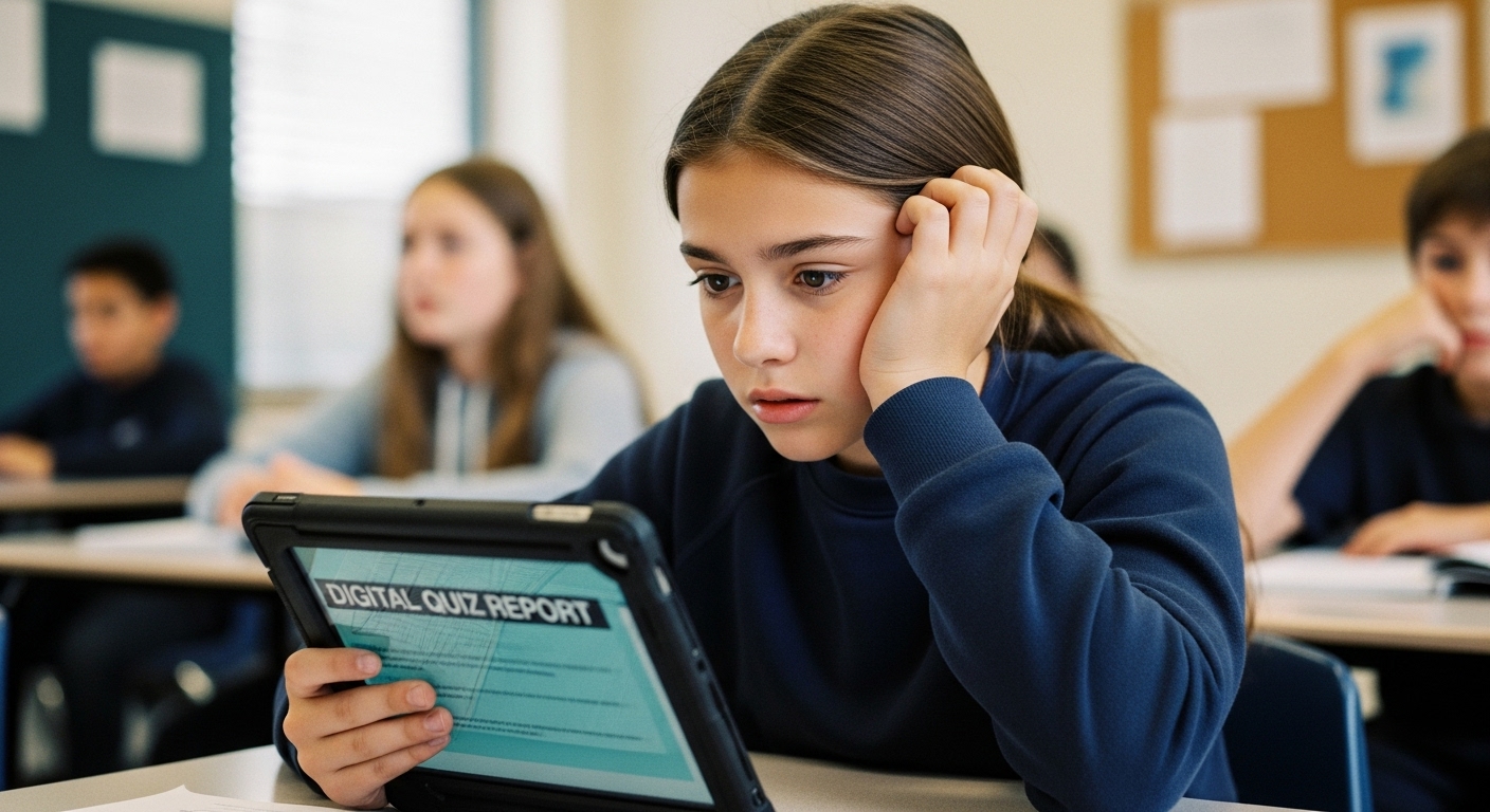 Student looking at a digital quiz report with confusion, indicating a learning gap in science assessment.