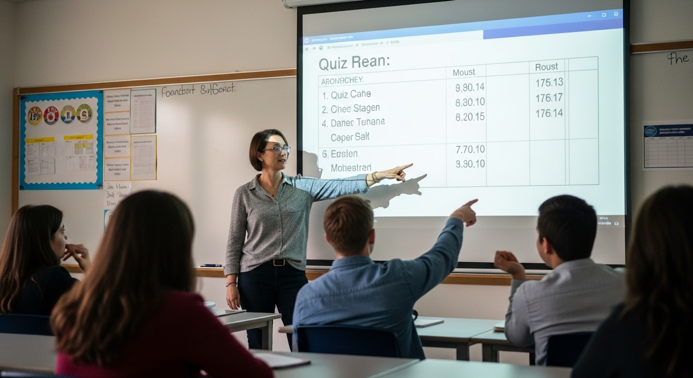Teacher projecting quiz analytics while students discuss most missed questions in a group setting