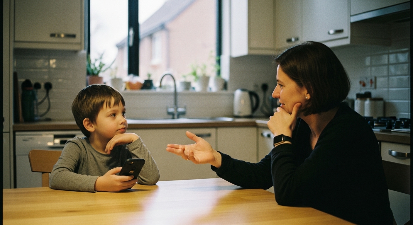 A thoughtful child sitting with a parent, discussing smartphone habits and emotions related to digital usage.