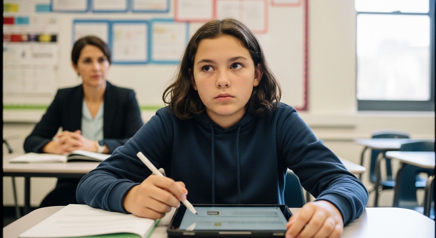A thoughtful middle school student looks puzzled while selecting an answer on a digital quiz game during class, showing the impact of believable wrong answers in learning.