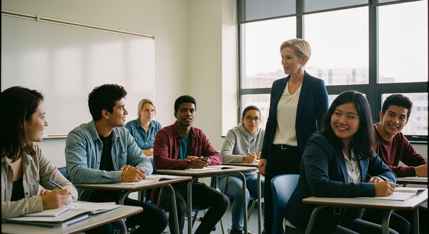 Diverse high school students actively participating in a group discussion with a supportive teacher, showcasing student-centred learning.