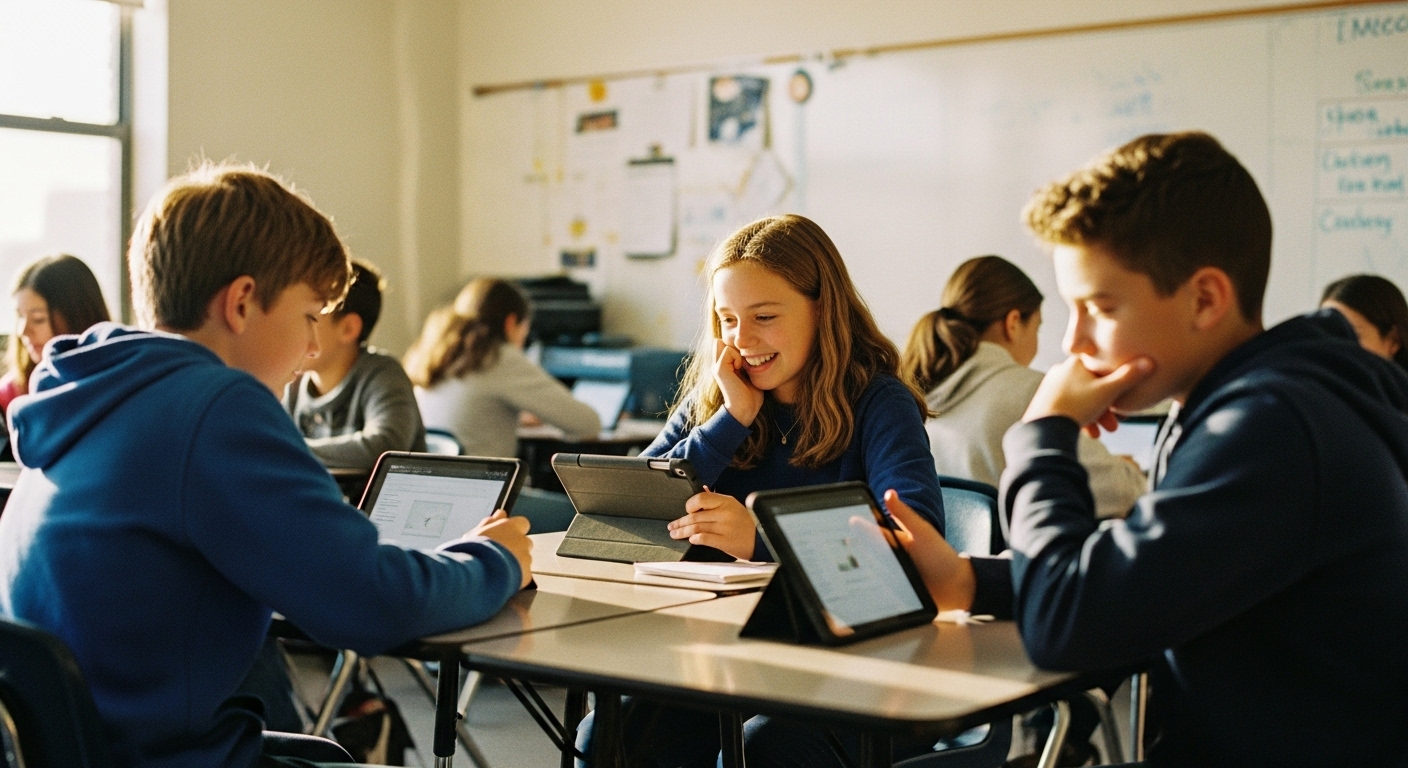 Students engaged in a classroom using tablets during a Gimkit quiz to assess learning progress in real-time.