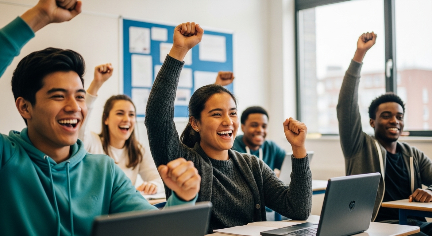 Happy students excitedly participating in a science project using gamified learning tools like Gimkit.