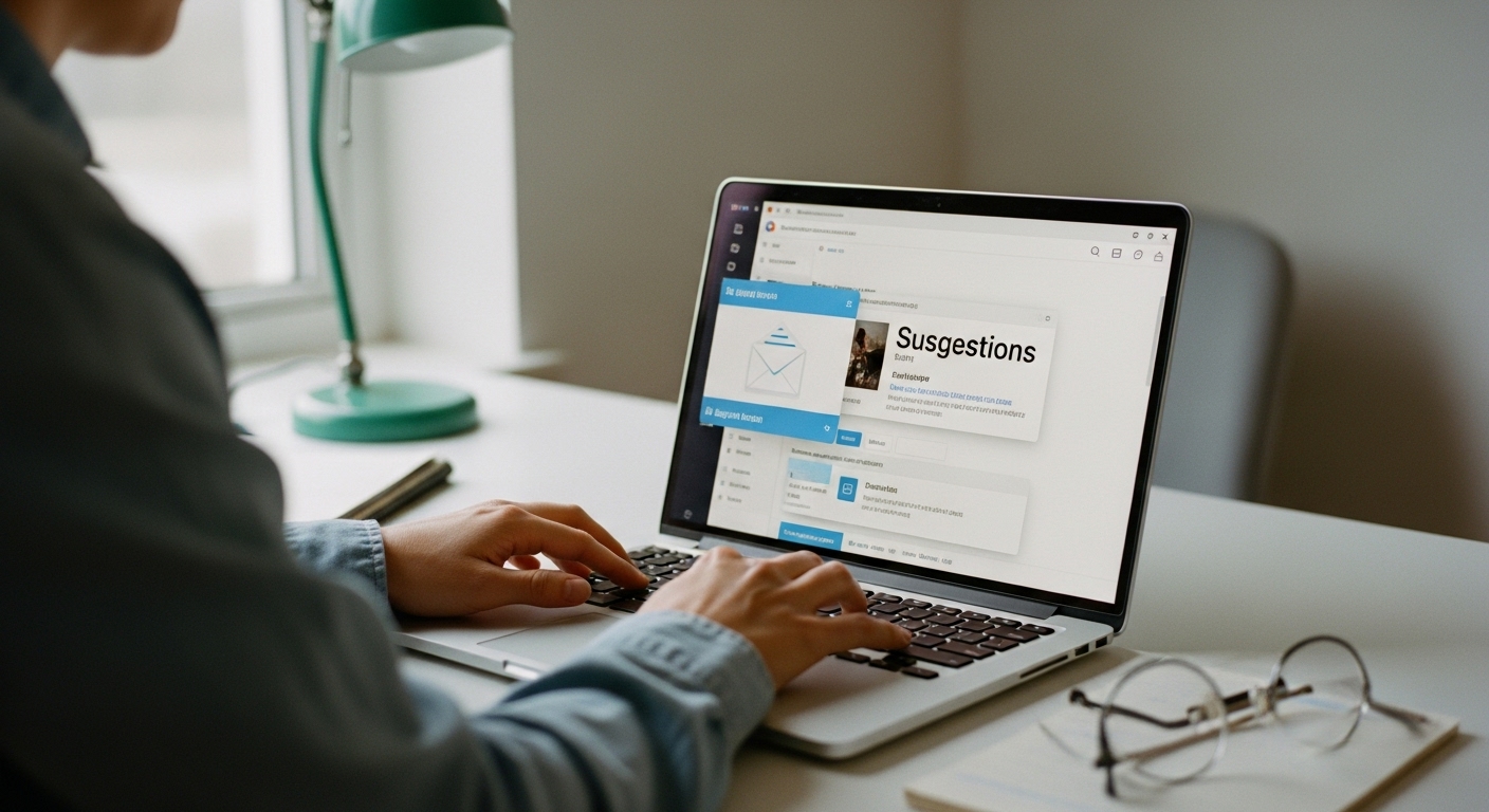 A content creator typing an email with AI suggestions popping up on the screen, showing a smart email writing tool in action