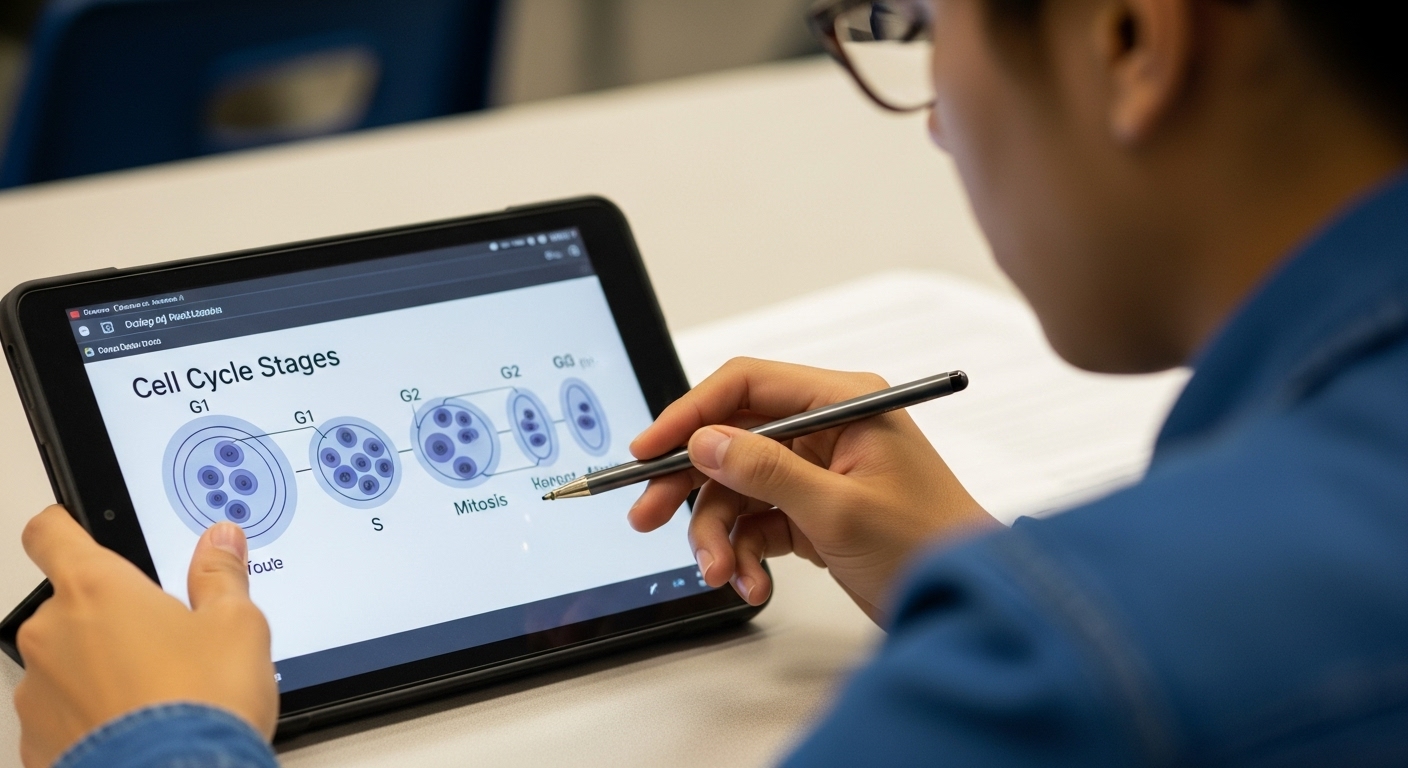 Student using tablet to answer a multiple choice question on the correct sequence of cell cycle stages in a science classroom