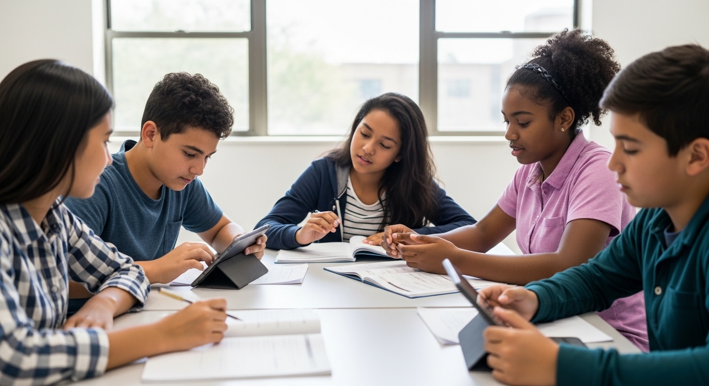 "Middle school students collaborating in a modern classroom, working on higher-order thinking questions through discussion and interactive learning" 