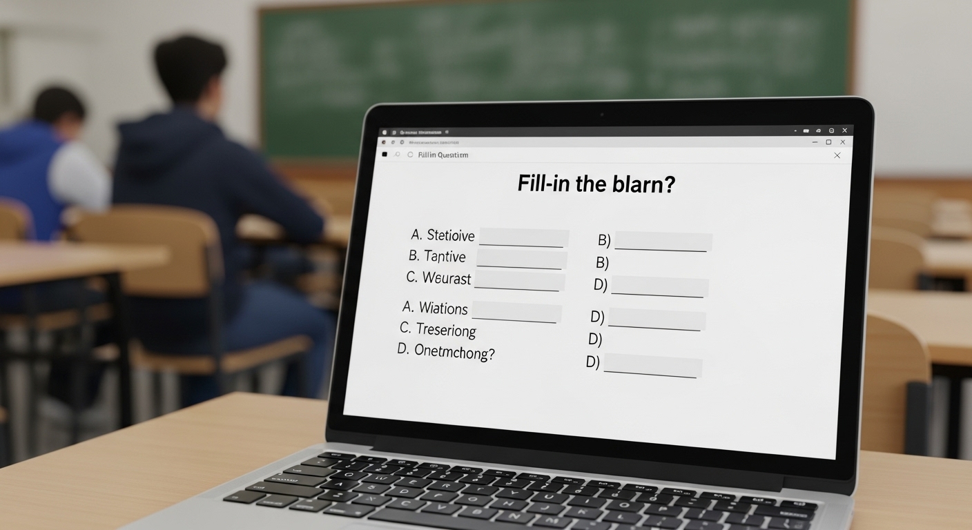 Close-up of laptop with fill-in-the-blank question about world capitals in an educational game