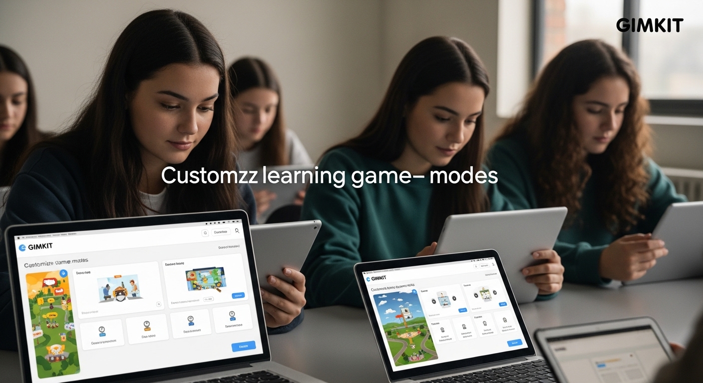 Diverse group of students using tablets to customize Gimkit game modes, showing different types of game options and question formats in an interactive learning environment.
