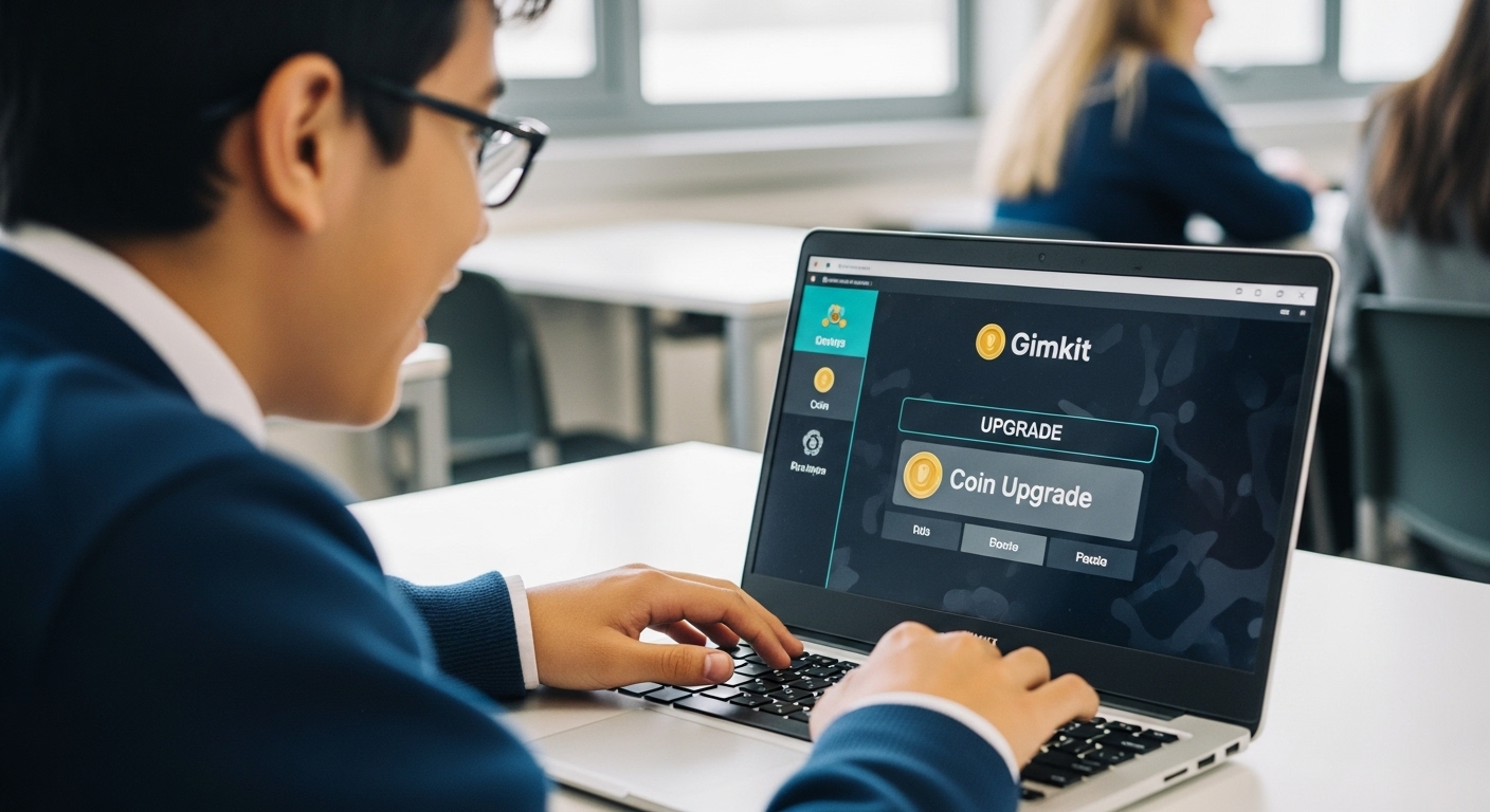 Close-up of a student’s laptop screen showing Gimkit coins and upgrades interface, student excited