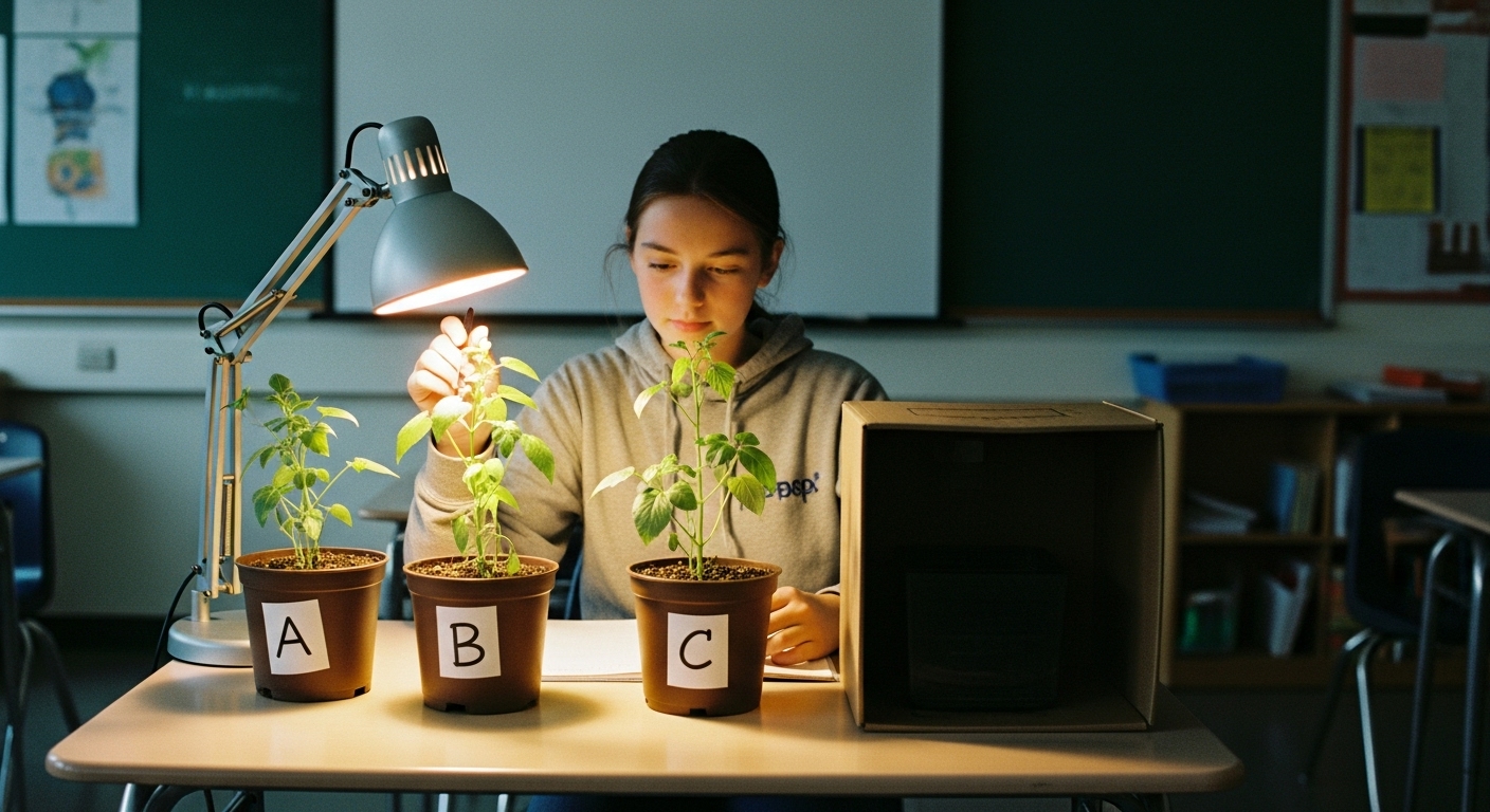 A student performing a plant growth experiment indoors, comparing light exposure effects on three potted plants, used for science learning scenarios.