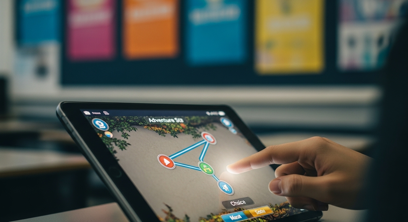 Student making a choice on an educational game interface, representing an interactive 'choose your path' learning experience