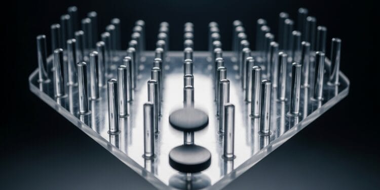 Plinko game in motion showing a puck bouncing through pegs under gravity, illustrating randomness and probability in casual game design