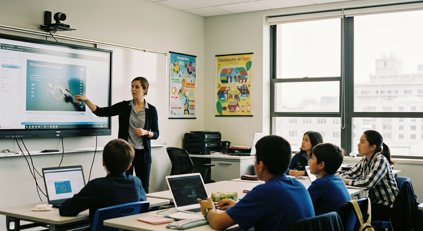 Teacher using digital media to explain a concept clearly to students in a classroom