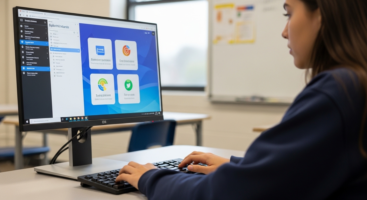 Visually impaired student navigating an educational website using only a keyboard, in a supportive classroom setting