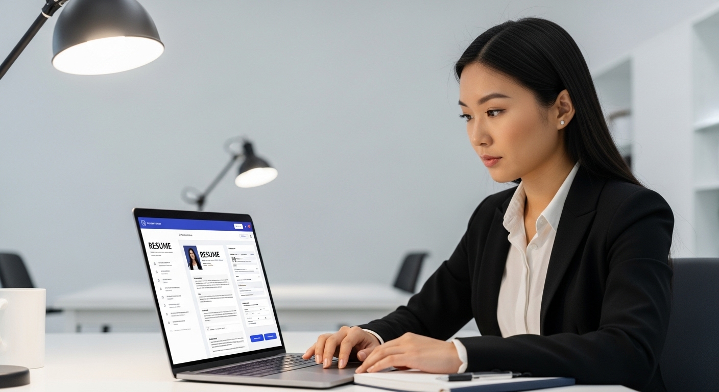 “A professional working on a laptop, viewing a modern resume builder interface with website and proofreading features. Clean office background, corporate atmosphere, technology-focused.”

