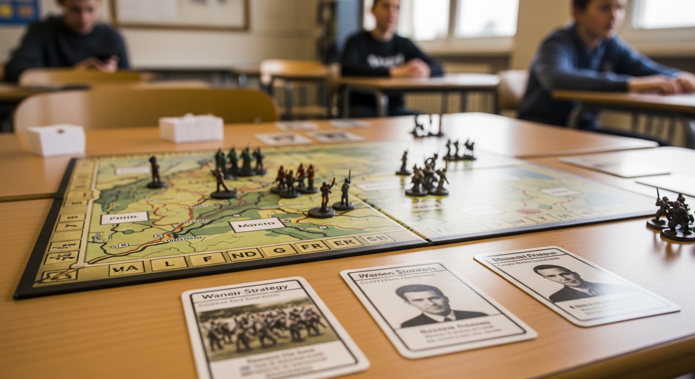 Classroom table showing a war strategy game with maps and miniatures used for teaching key battle elements