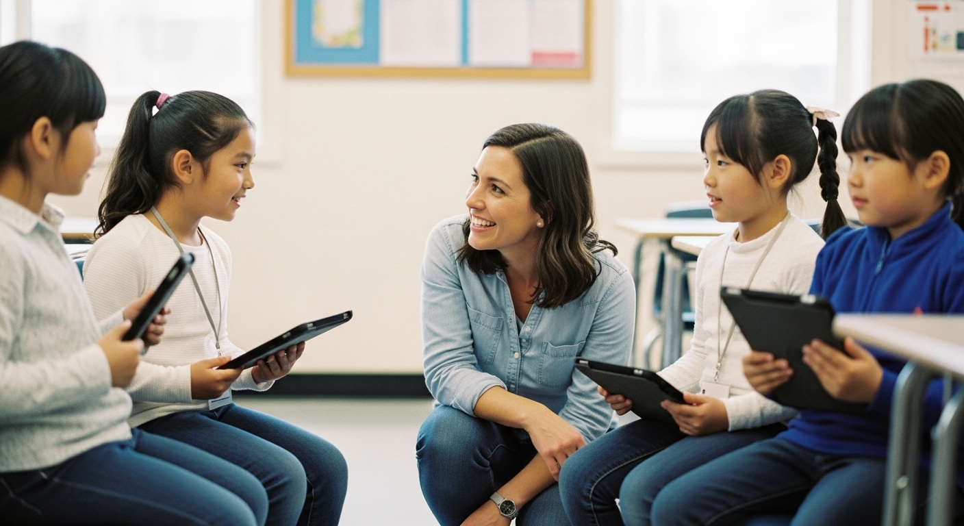 A teacher talking to a small group of students at eye level, explaining the goal of a classroom quiz game in a fun and encouraging way.