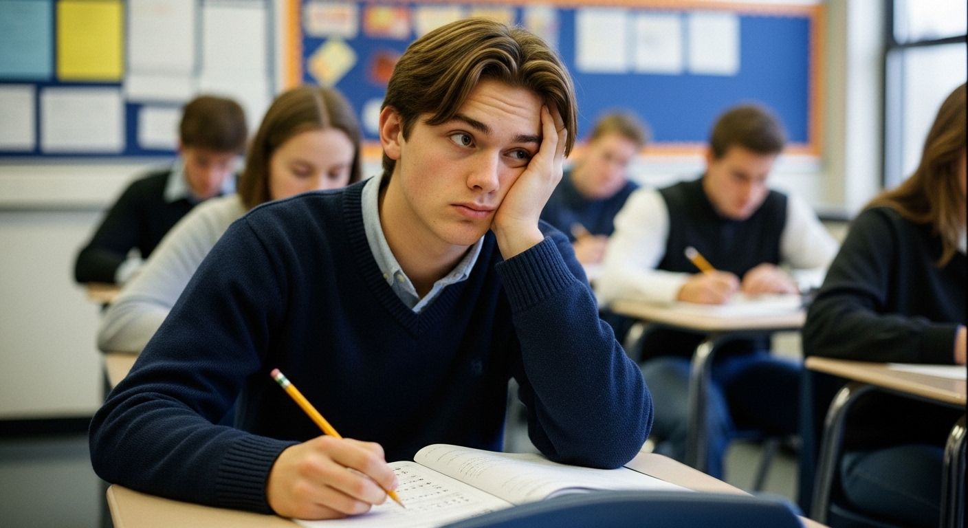 A student sitting at a classroom desk looking confused while reviewing a multiple choice question, representing the challenge of "All of the Above" and "None of the Above" options in exams.
