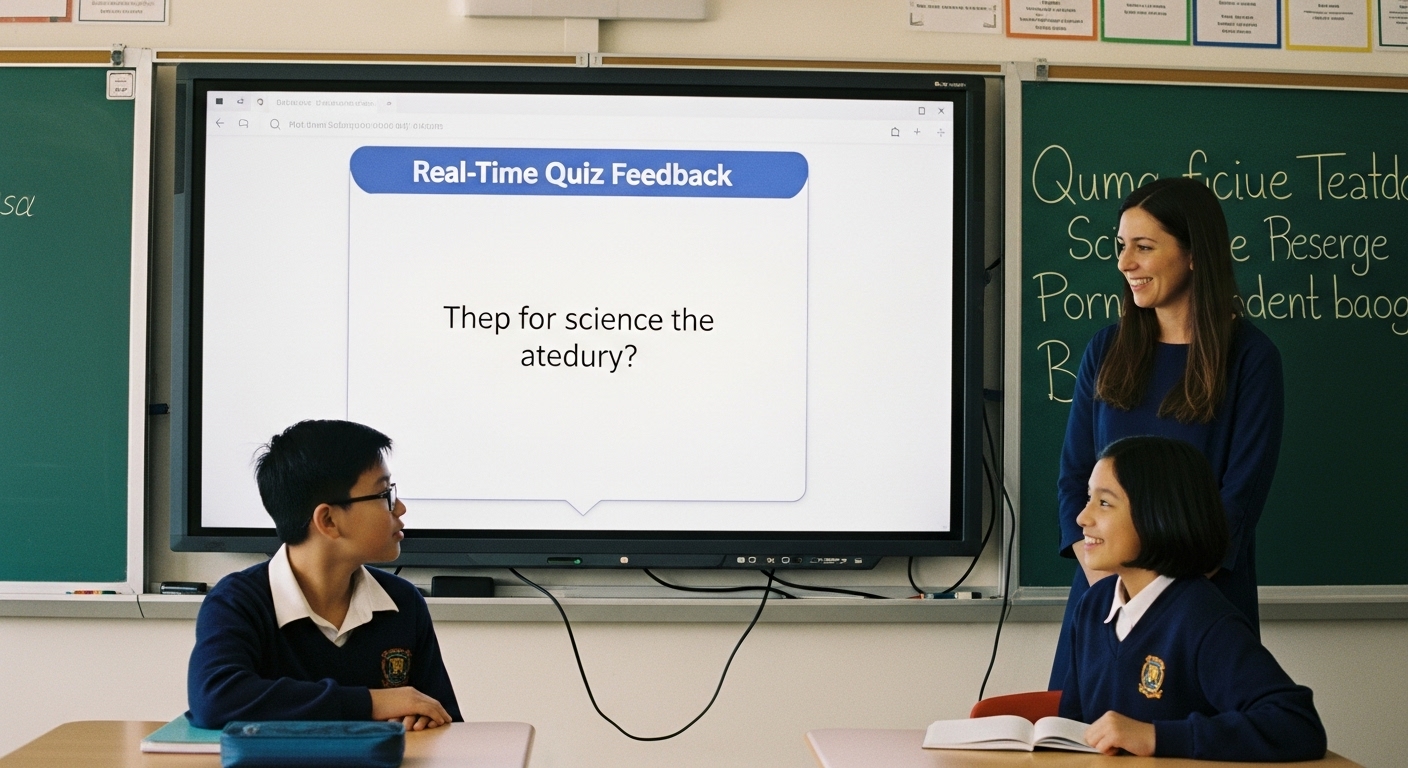 A teacher and student reviewing instant quiz results on a large interactive screen during a science class.
