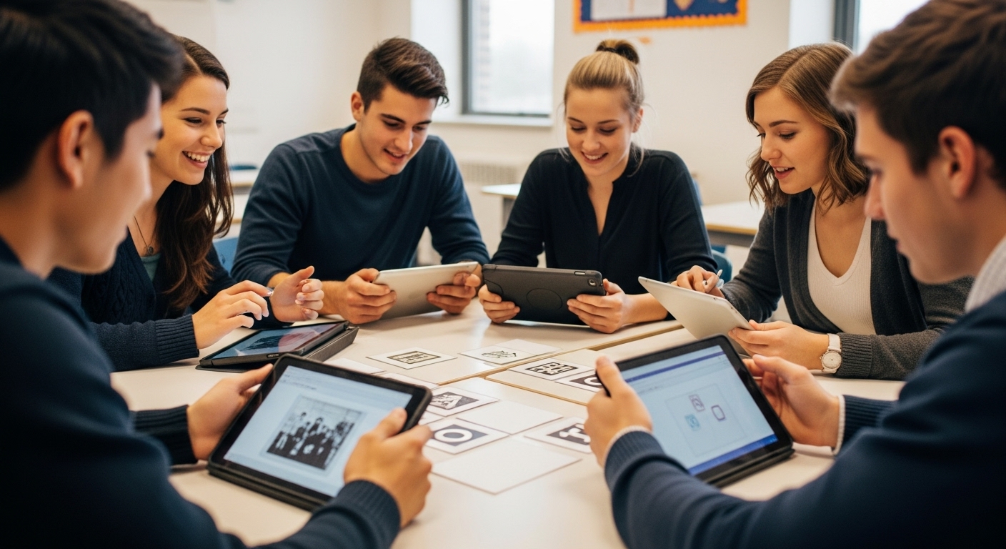 A small group of students huddled together, discussing answers for a team-based historical strategy game on their tablets.