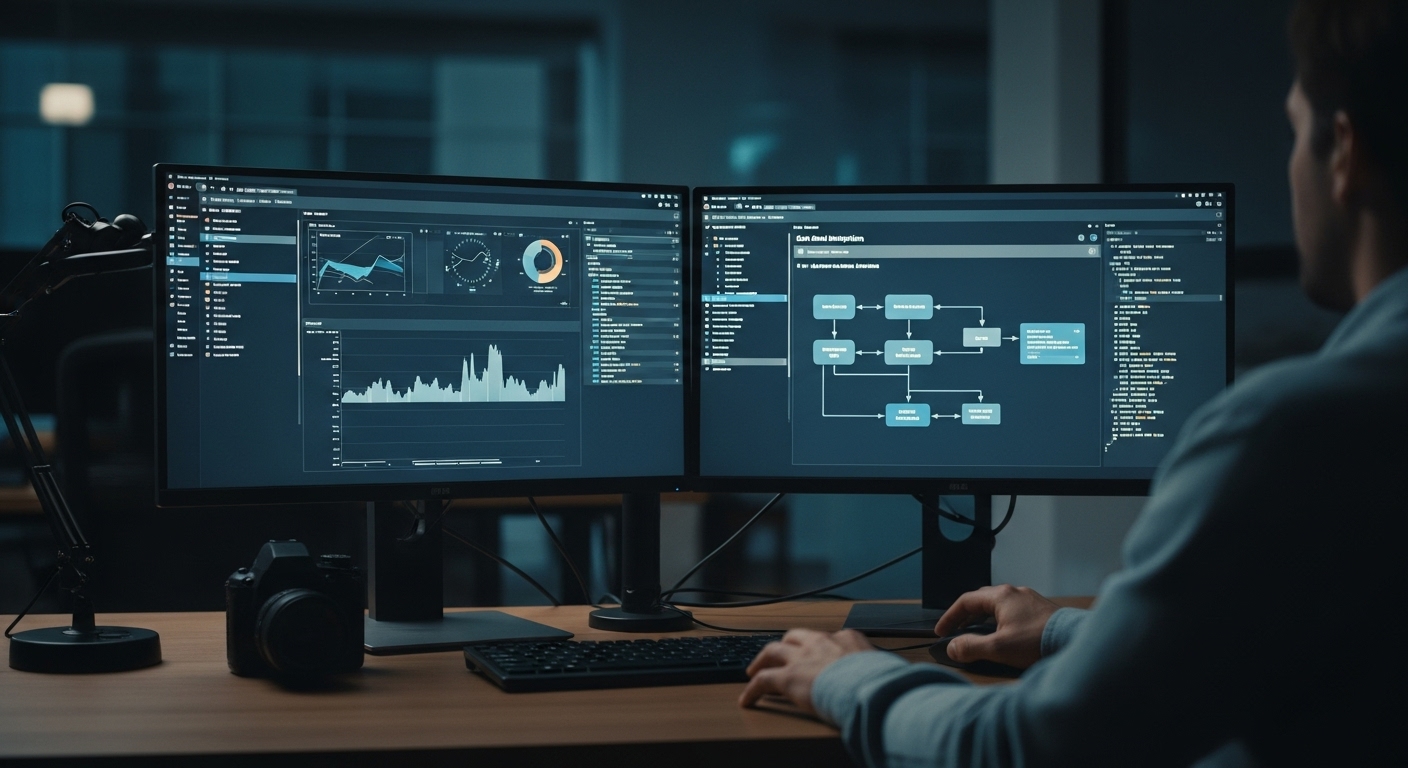 A high-tech workspace with real-time email analytics and API code integration, highlighting Mailrelay’s depth as a tech platform.

