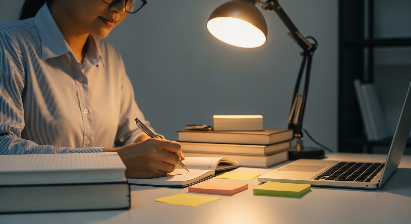 Teacher reviewing curriculum notes and writing a learning objective-focused scenario