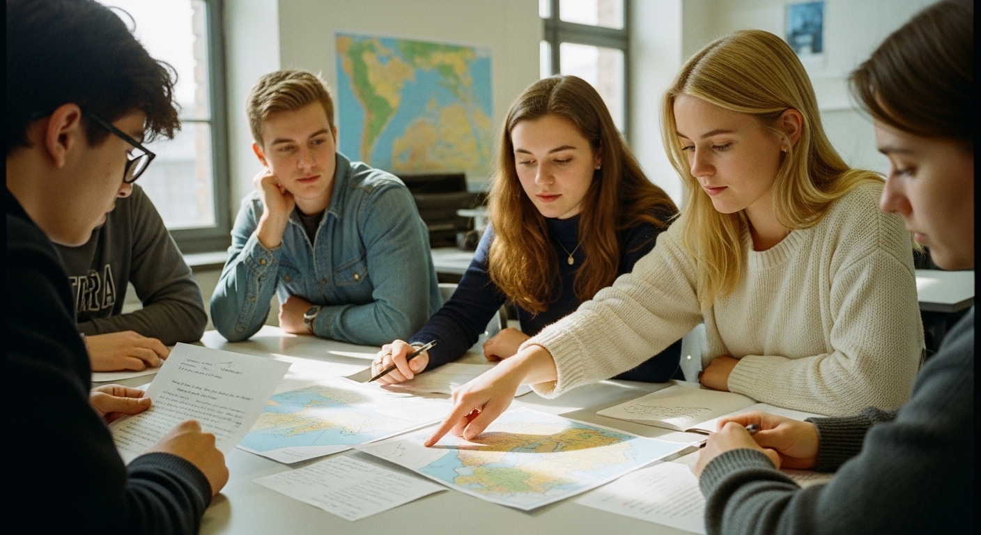 Middle school students working in groups analyzing major turning points of a historical battle during a class activity