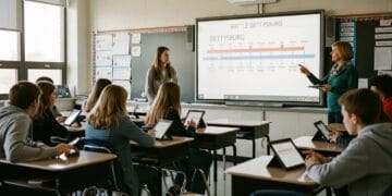 Middle school students engaged with an interactive Gettysburg battle timeline on Gimkit in a classroom setting, guided by a teacher using technology for historical reenactments.