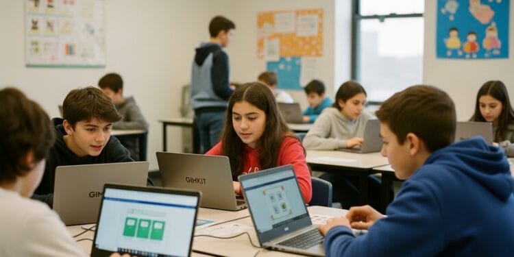 Students actively participating in an interactive Gimkit session on laptops in a bright classroom, showcasing gamified learning and student engagement through real-time feedback and collaboration.