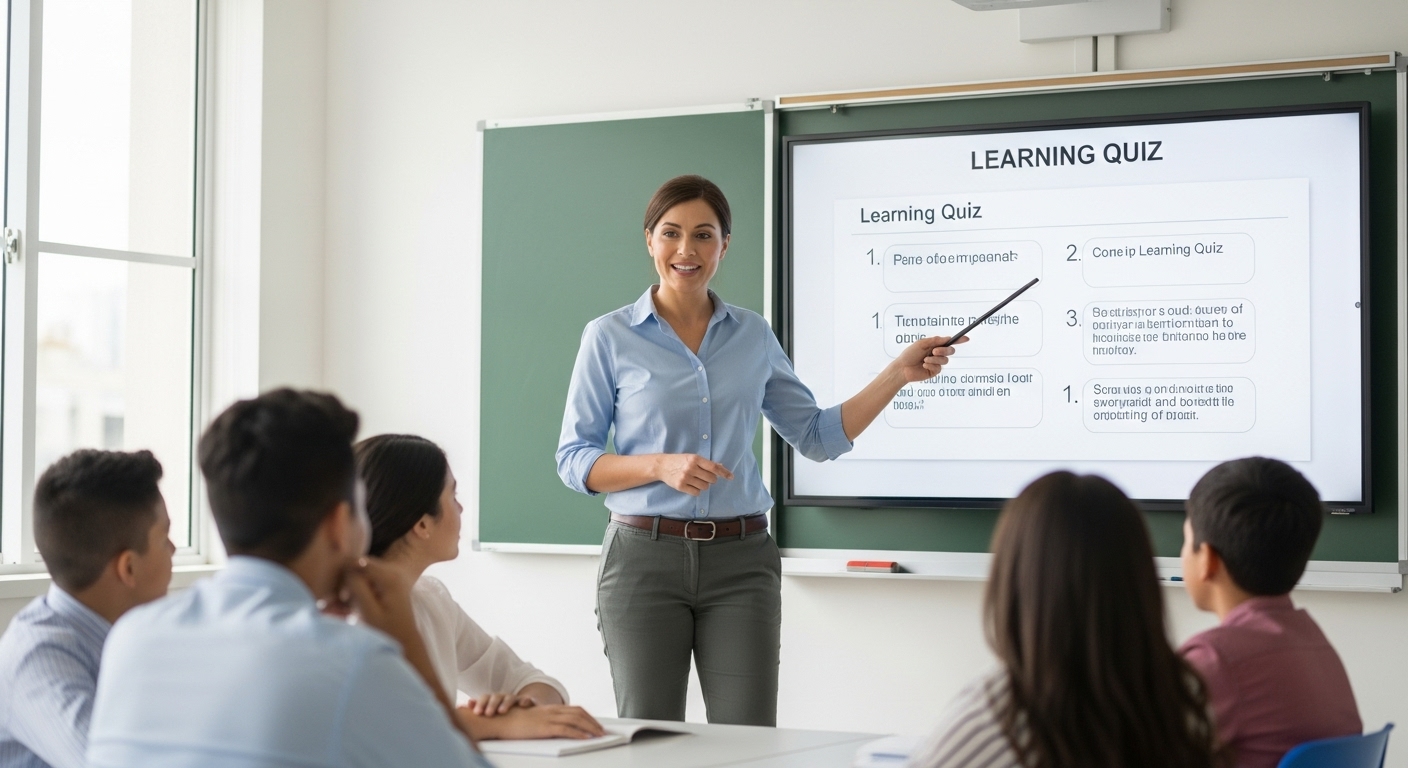 A teacher having a discussion with students, explaining the purpose of a digital quiz activity in a fun, engaging classroom