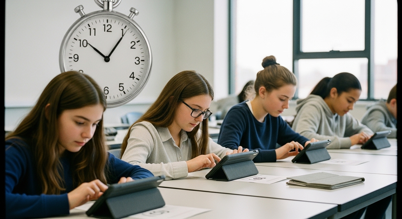 Middle school students rapidly answering questions on tablets during a fast-paced Gimkit classroom challenge, stopwatch visible on the screen.
