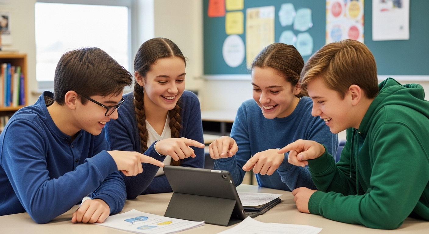 Group of students gathered around a tablet, collaborating on an interactive story-based learning game in the classroom