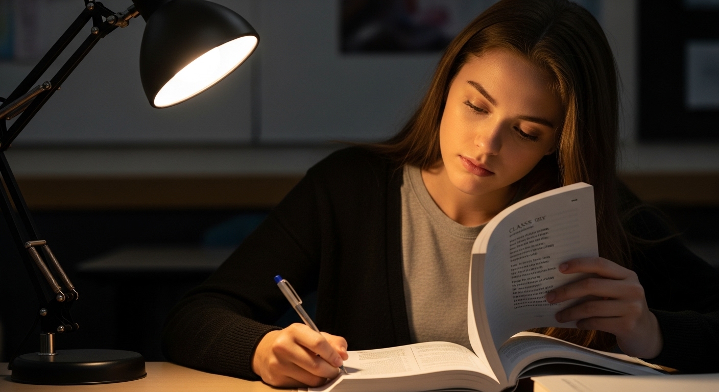 High school student analyzing a literary text, highlighting how logical fallacy distractors challenge reading comprehension and analysis.