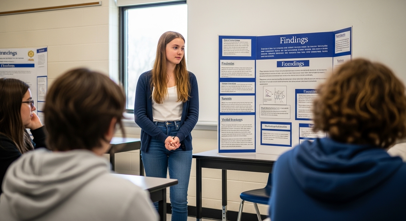 Students giving science project presentations with posters and models in front of classmates, explaining their findings confidently. 