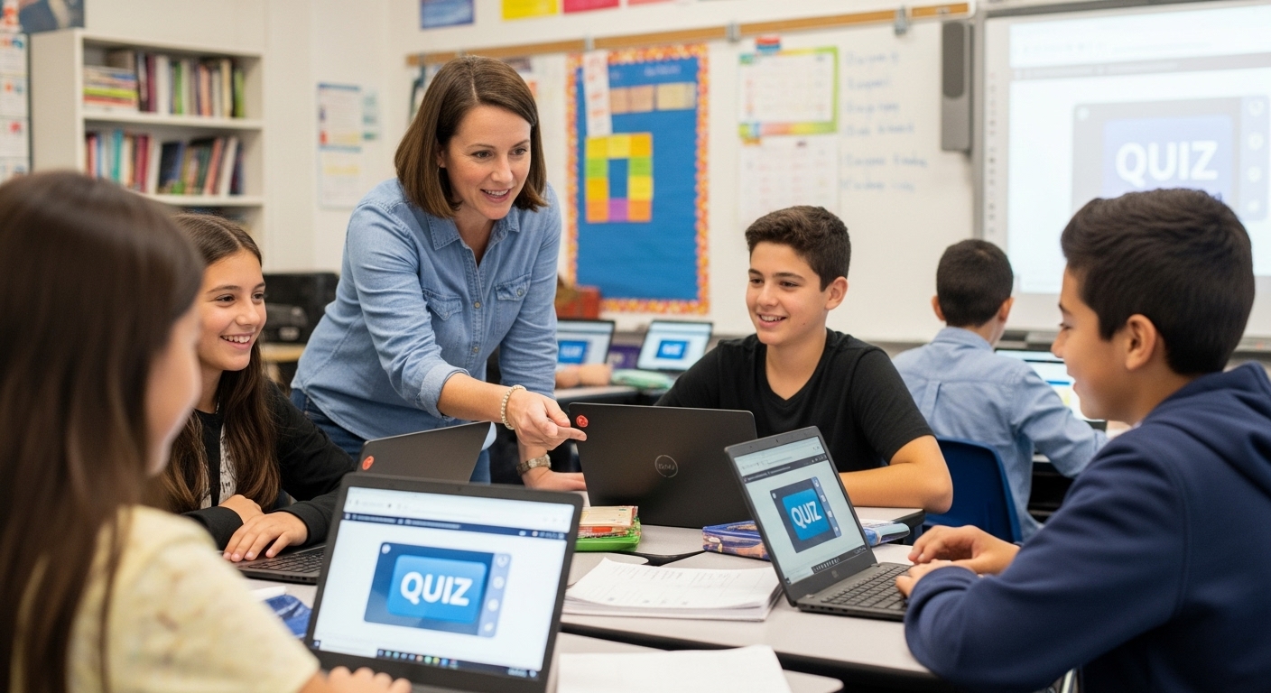 Teacher and students engaging with an educational quiz game integrated into the curriculum in a classroom setting