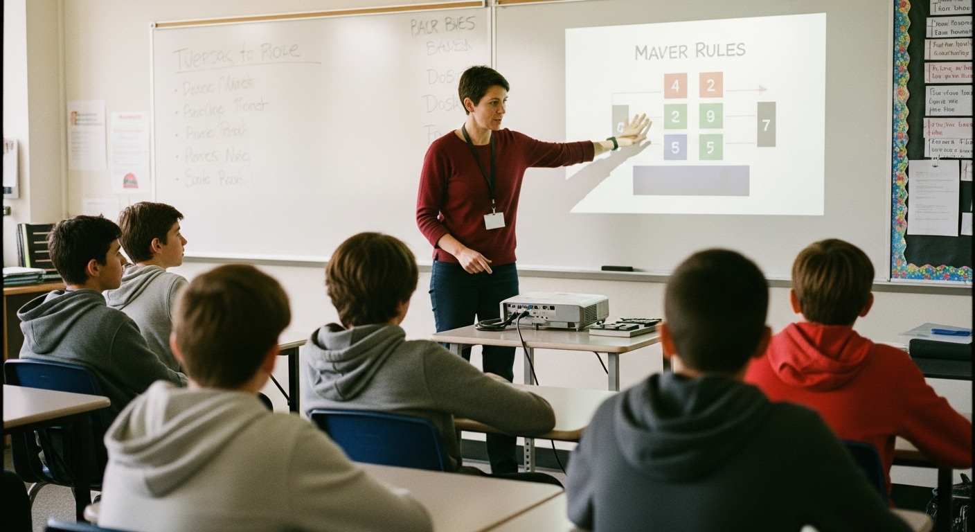 Teacher uses projector to clearly define classroom game rules to students before starting Gimkit challenge