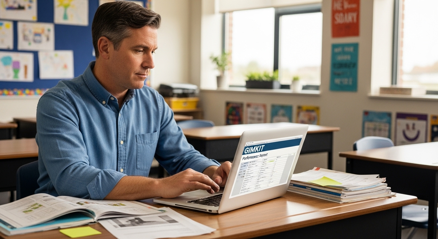 Teacher reviewing student performance data in Gimkit reports on a laptop to identify learning gaps