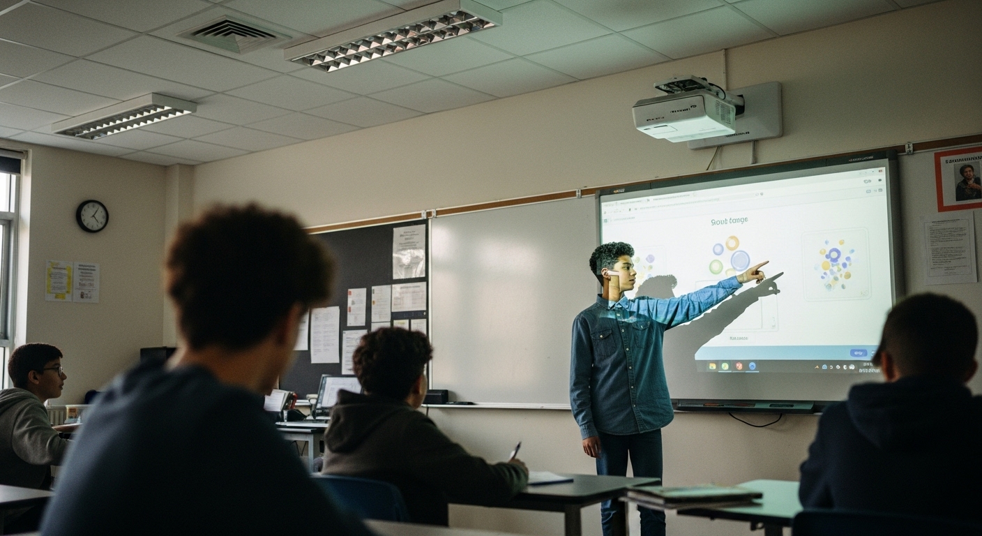 A student standing up and confidently answering a gamified science question projected on a classroom screen, demonstrating active recall.
