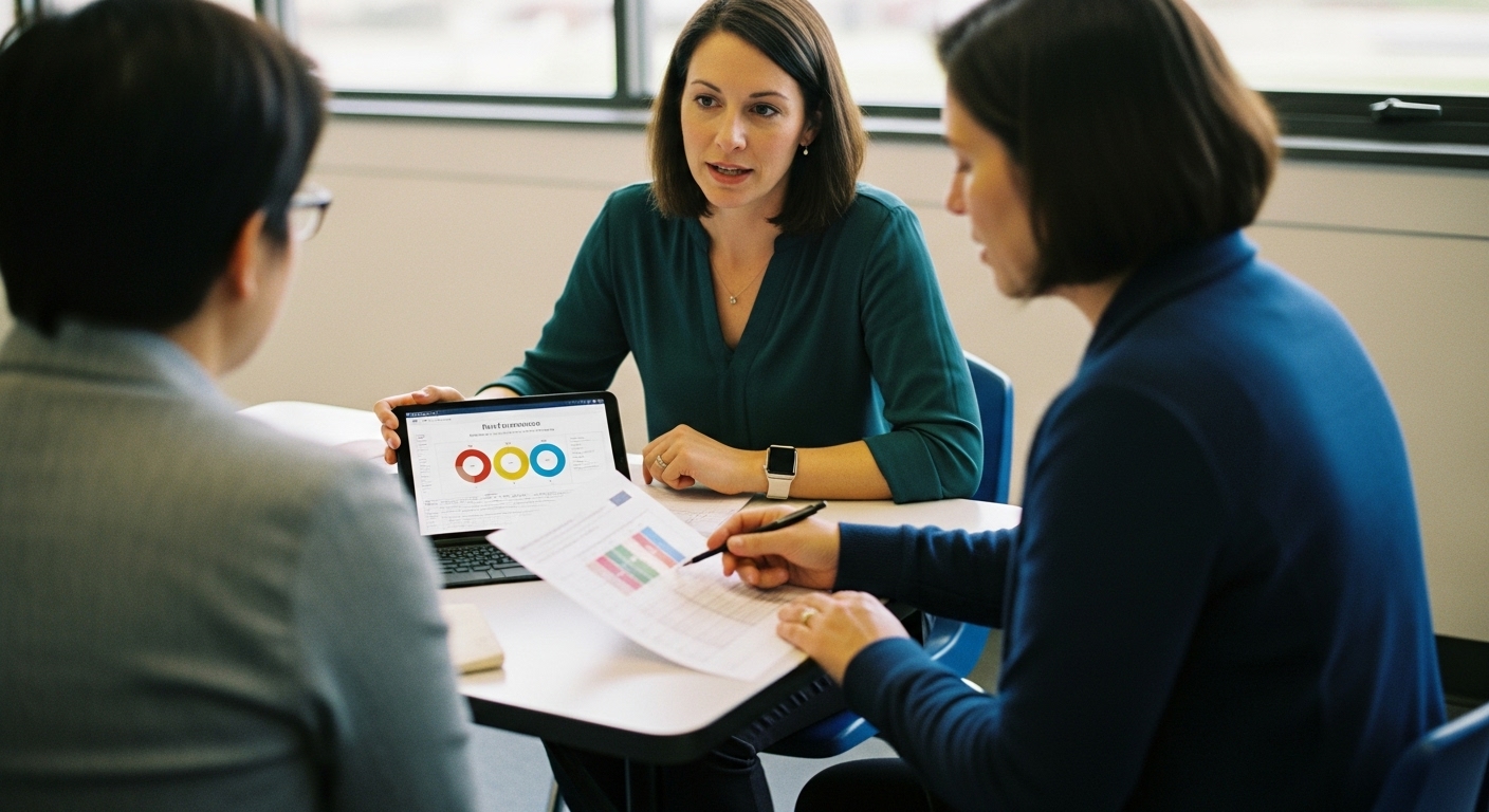 Teacher and parent reviewing student data at a school meeting