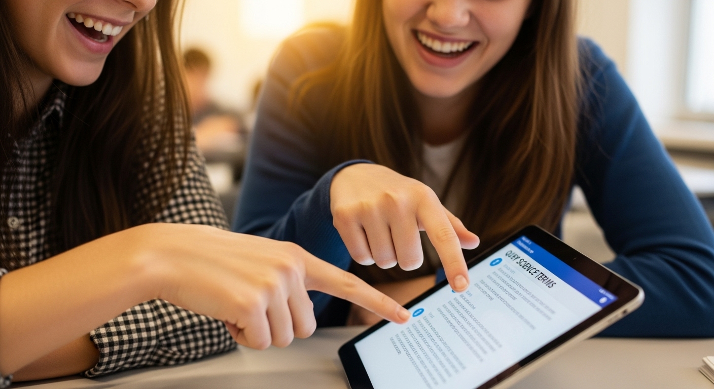 Students interacting with digital flashcards or quiz-style questions to reinforce science terms.