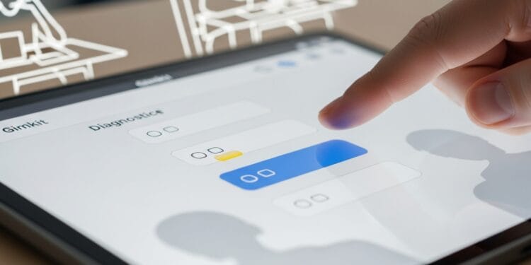 Realistic image of a hand interacting with a Gimkit quiz interface on a tablet, showcasing multiple-choice answers, representing effective distractor design for revealing student misconceptions and common errors.