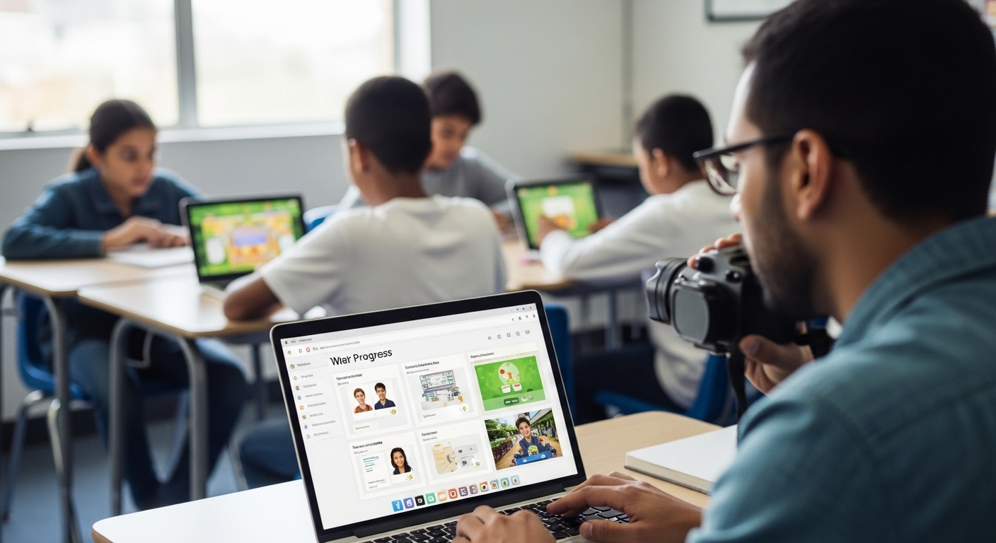 Teacher checking progress on a laptop while students play an educational game in the background.