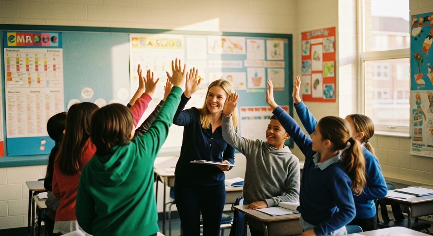 Smiling teacher giving a high-five to students while displaying a chart showing improvement and classroom success. 