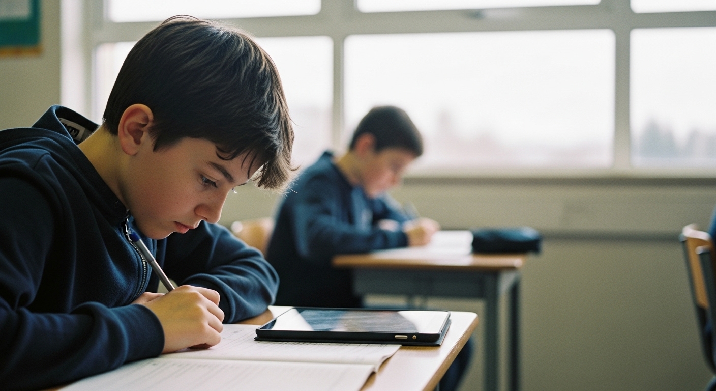 A student calmly working at their desk in a classroom setting, illustrating the concept of student-paced learning.